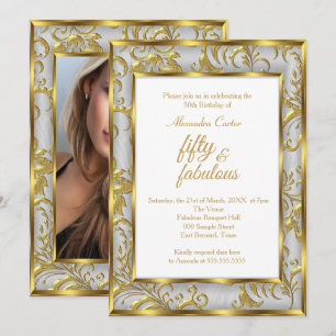 Convites Fabuloso 50 Foto Damask Dourado cinza prata aniver