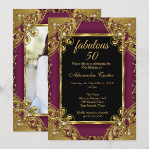 Convites Fabuloso 50 Foto Plum Dourado Pérola Festa de Aniv