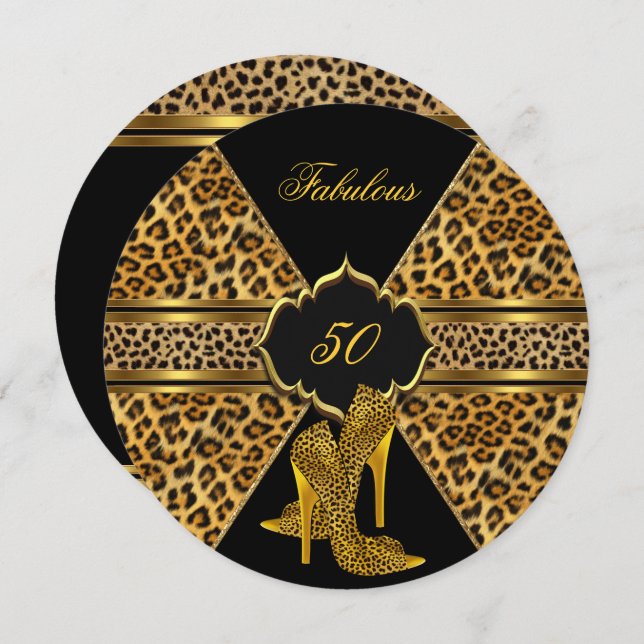 Convites Fabuloso 50 Leopardo Negro Dourado - Olá Aniversár (Frente/Verso)