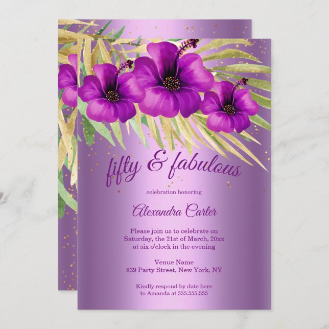 Convites Fabuloso 50 Lilac roxo Hibiscus floral party (Frente/Verso)