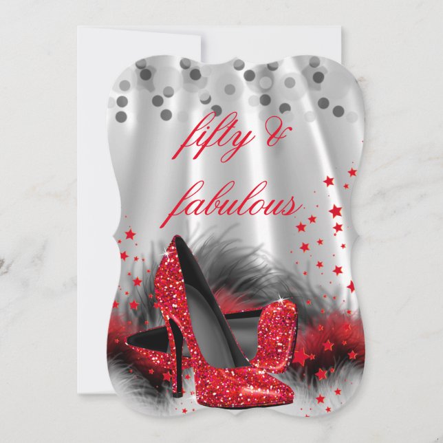 Convites Fabuloso 50 Red High Heels Prata Negra Aniversário (Frente)