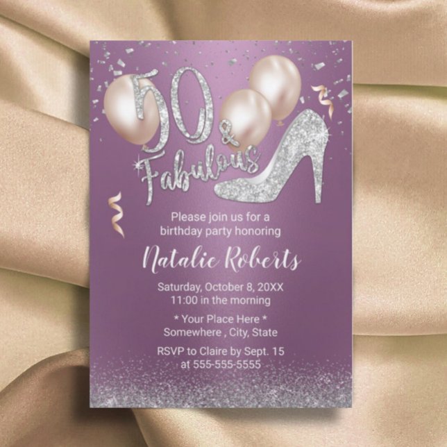 Convites Fabuloso 50 roxo moderno e prata 50º aniversário (Criador carregado)