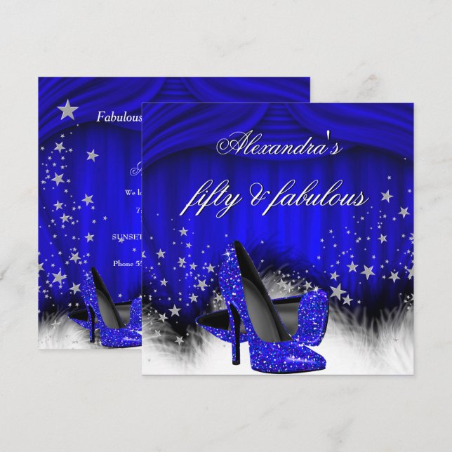 Convites Fabuloso 50 Royal Blue High Heels Feather Aniversá (Frente/Verso)
