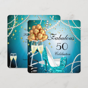 Convites Fabuloso 50 Saltos Altos Azuis Champanhe Dourada F