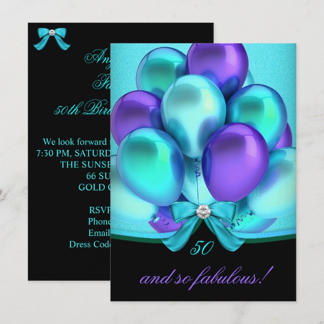 Convites Fabuloso 50 Teal Purple Balloons Party (Frente/Verso)