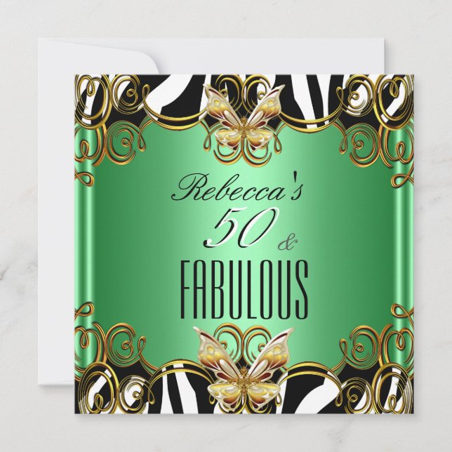 Convites Fabuloso 50 Verde Dourado Preto Branco Zebra (Frente)