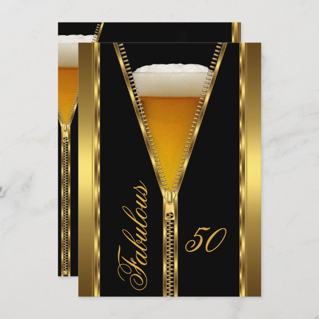 Convites Fabuloso 50 Zipper Elegante Beer Beer Beer Dourada (Frente/Verso)