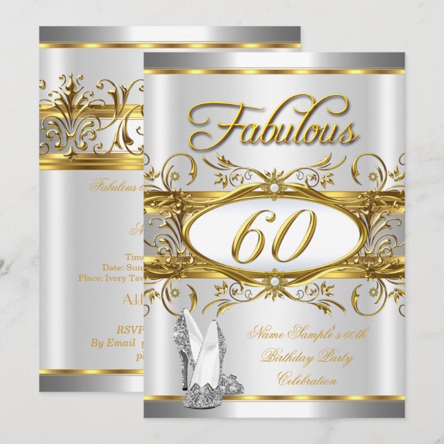 Convites Fabuloso 60º Aniversário Dourado Prata Saltos Alto (Frente/Verso)