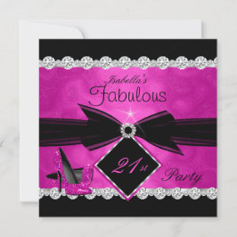 Convites Fabuloso Aniversário 21 Rosa Quente Preto Prata Fe