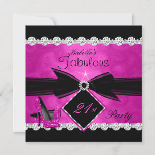 Convites Fabuloso Aniversário 21 Rosa Quente Preto Prata Fe