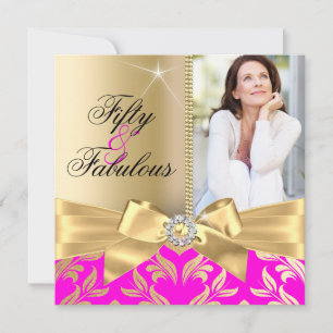 Convites Fabuloso Aniversário de 50 anos Pink Gold Leaf & B