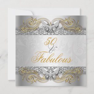Convites Fabuloso Aniversário de 50 Borboleta Prata e Ouro