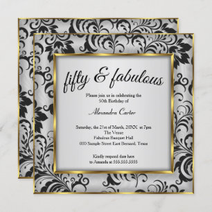Convites Fabuloso aniversário de 50 fotos Douradas cinzas B