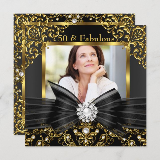 Convites Fabuloso aniversário de 50 Pérolas Pretas Douradas (Frente/Verso)