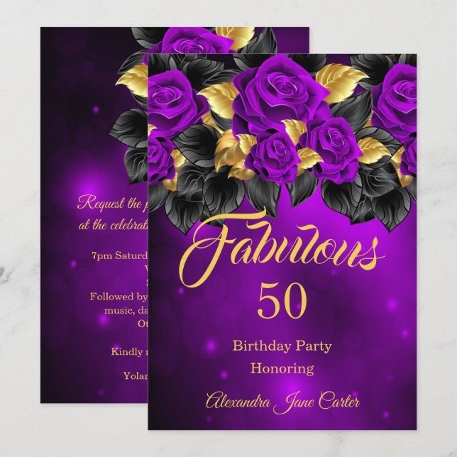 Convites Fabuloso Aniversário de Qualquer Idade Rosa Roxo D (Frente/Verso)