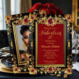 Convites Fabuloso Aniversário Elegante Foto Red Gold Black 