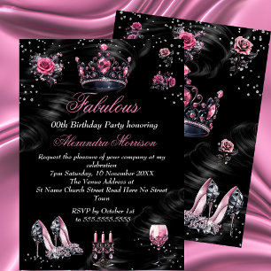 Convites Fabuloso aniversário Prata Rosa Negra Tiara Heels