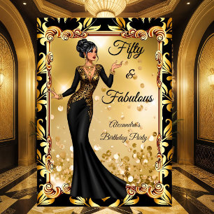 Convites Fabuloso Aniversário Vestido Preto Dourado Impress