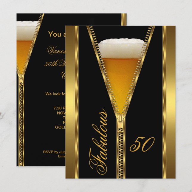 Convites Fabuloso Bebida de Cerveja Dourada com Zíper Elega (Frente/Verso)
