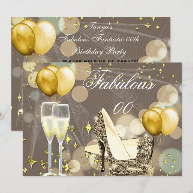 Convites Fabuloso Beige Dourado Champanhe Festa de Aniversá (Frente/Verso)