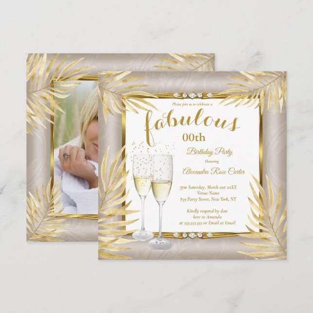 Convites Fabuloso Beige Dourado Partido Champagne Palms (Frente/Verso)