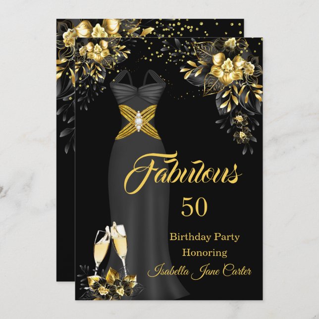 Convites Fabuloso Champanhe de Aniversário Negro Dourado Fl (Frente/Verso)