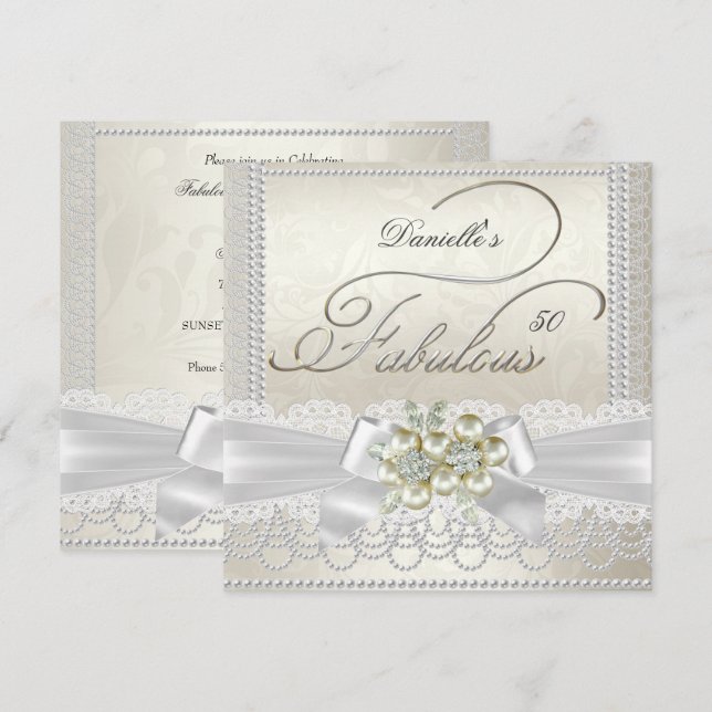 Convites Fabuloso Cream White Pearl Lace Damask Diamond (Frente/Verso)