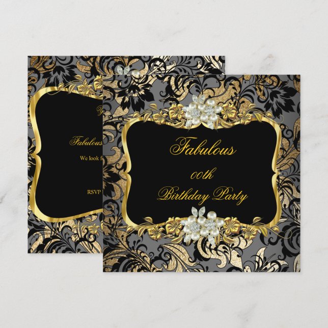 Convites Fabuloso Dourado Preto Cinza Pérola Damasco Festa (Frente/Verso)