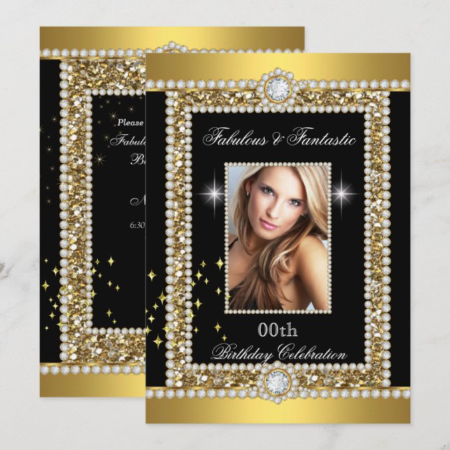 Convites Fabuloso e Dourado Glamor Negro Hollywood Diamond (Frente/Verso)
