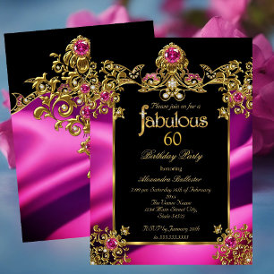 Convites Fabuloso Elegante 60º Aniversário Fuchsia Dourados