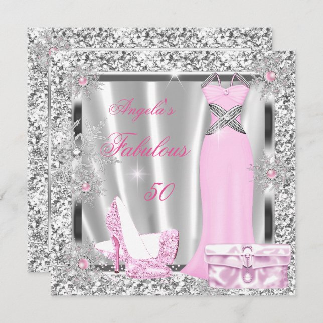 Convites Fabuloso Flocos de Neve de Prata de 50 Rosas claro (Frente/Verso)