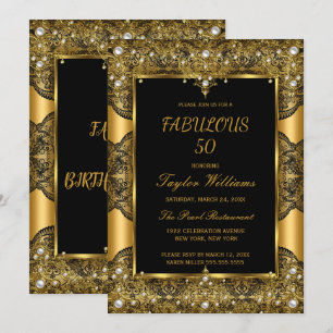 Convites Fabuloso Glamour Preto em Renda Pérolas Dourado