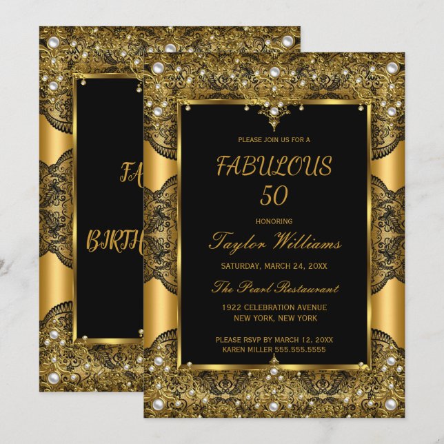 Convites Fabuloso Glamour Preto em Renda Pérolas Dourado (Frente/Verso)