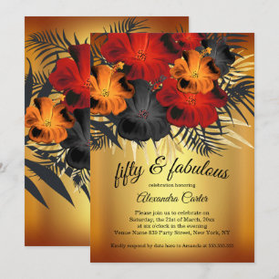 Convites Fabuloso Hibisco dourado vermelho laranja preto fe