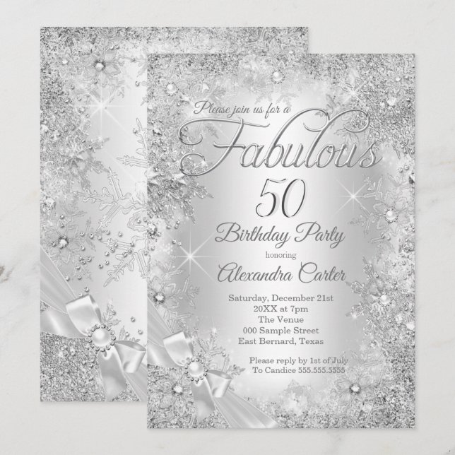 Convites Fabuloso Laço de Floco de Neve Pérola Prata 50 (Frente/Verso)