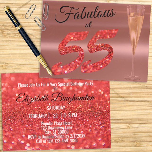 Convites Fabuloso no 55 Birthday Coral Glitter Party (Criador carregado)