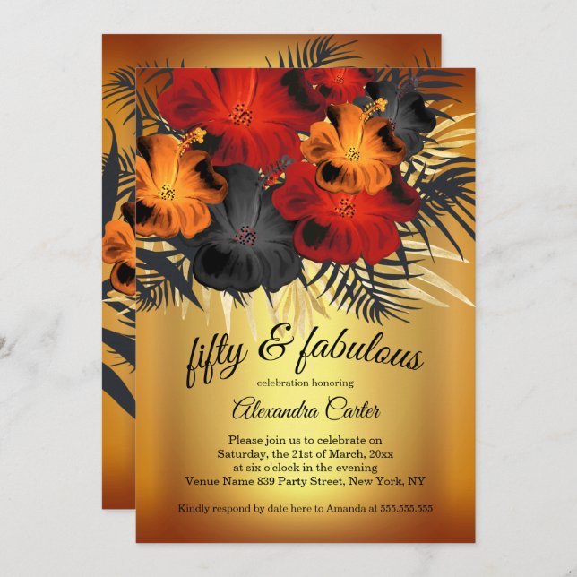 Convites Fabuloso partido 50 Dourado Red Orange Black Hibis (Frente/Verso)