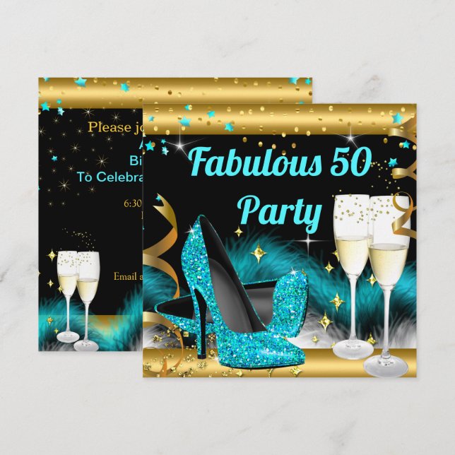 Convites Fabuloso Partido Champagne Teal Blue High Heels (Frente/Verso)