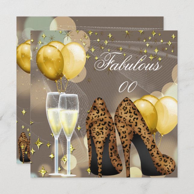 Convites Fabuloso Partido Dourado Beige Leopard Champagne (Frente/Verso)