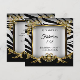 Convites Fabuloso Preto Branco Zebra Dourado Aniversário de