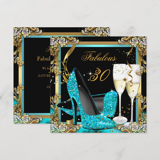 Convites Fabuloso Teal Blue Heels Black Champagne Party (Frente/Verso)