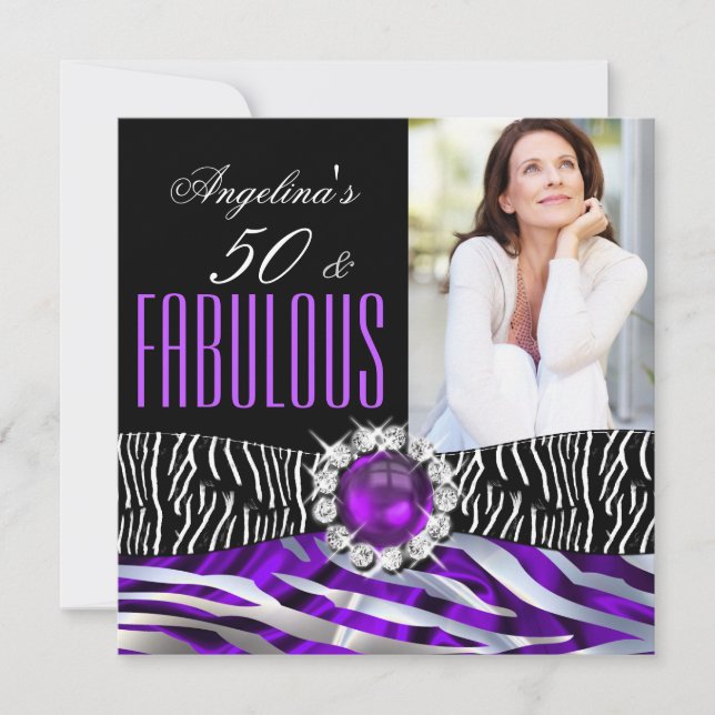 Convites Fabuloso Zebra de Seda Roxa Prata 50 Aniversário (Frente)