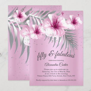 Convites Fabulosos 50 Hibiscos Rosa Prata Lindos para festa