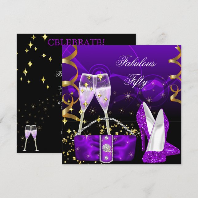 Convites Fabulosos Saltos Altos com Brilho Roxo para Festa (Frente/Verso)
