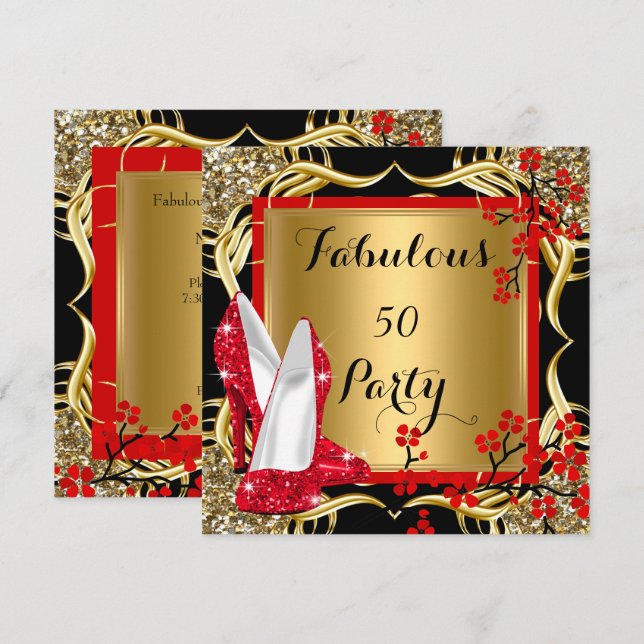 Convites Fabulous 50 Saltos Altos Vermelhos Florescem Preto (Frente/Verso)