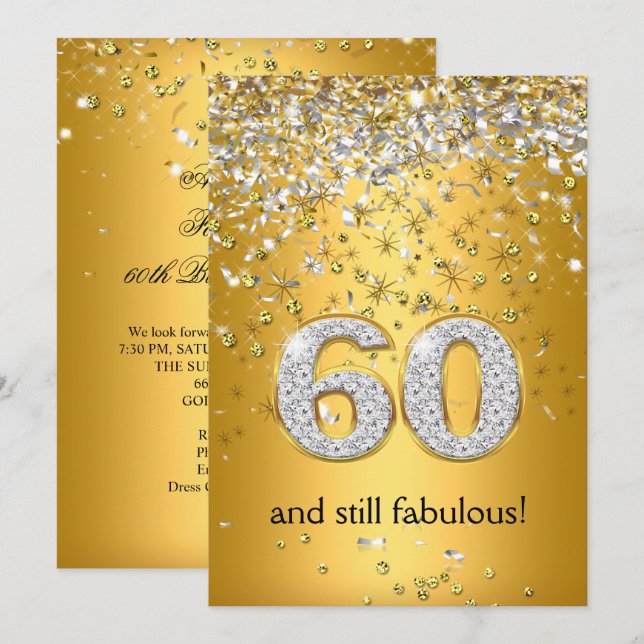 Convites Fabulous 60 Fluxo Dourado Prateado Aniversário de  (Frente/Verso)