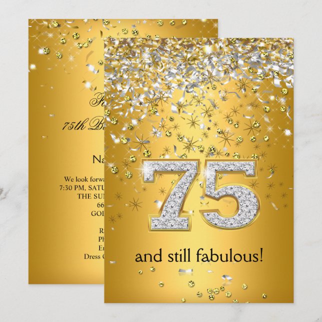 Convites Fabulous 75 Dourado e Prata Fitas para 75º Anivers (Frente/Verso)