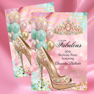 Convites Fabulous birthday Blush Pink Teal Tiara Gold Heel