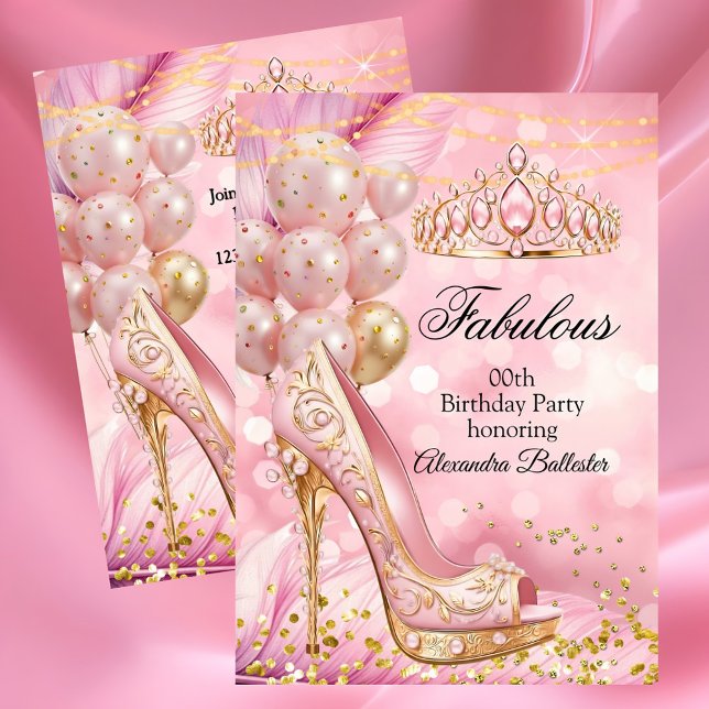 Convites Fabulous birthday Blush Pink Tiara Gold Heel (Criador carregado)