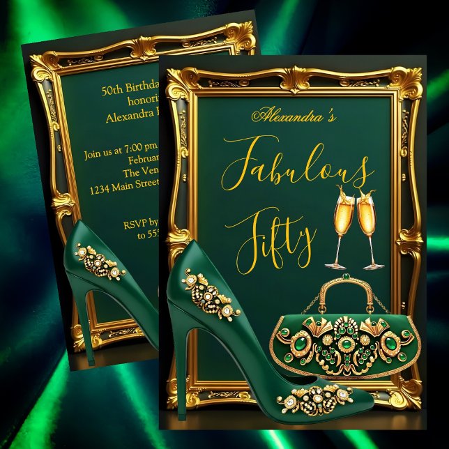 Convites Fabulous Birthday Emerald gems Heel Champagne Gold (Criador carregado)